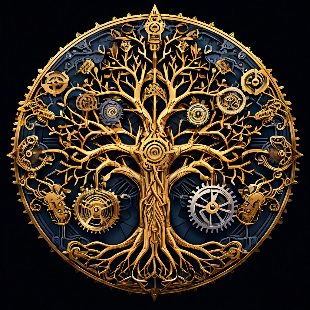 복잡하게 갈라진 기어와 자물쇠가 얽힌 가계도로, 엄격한 상속 체계를 표현한 모습이다.
