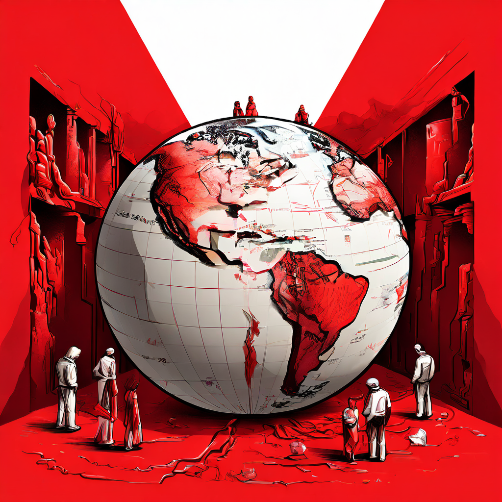 붉은 벽으로 일부 대륙이 가려진 지구본과 벽에 갇힌 순수한 인물들을 표현한 이미지입니다.