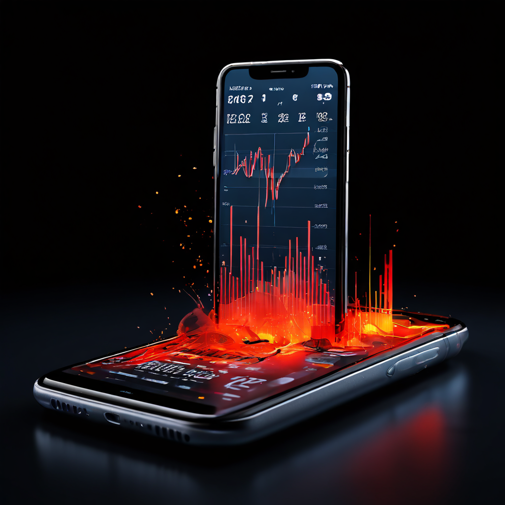 화면이 갈라진 스마트폰에서 배터리가 녹아내리고, 옆에는 줄어드는 달력과 하락하는 성과 그래프가 놓여 있다.