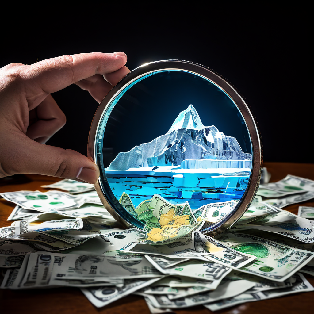 한국 지폐를 지불하는 손 아래, 확대경으로 들여다보면 환율 변동과 수수료 인상이 빙산처럼 커져가는 모습이다.