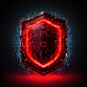 반짝이는 빨간색 해커 스크립트가 침입하려는 가운데, 디지털 방패가 HTML 편집기 인터페이스를 보호하는 모습입니다.