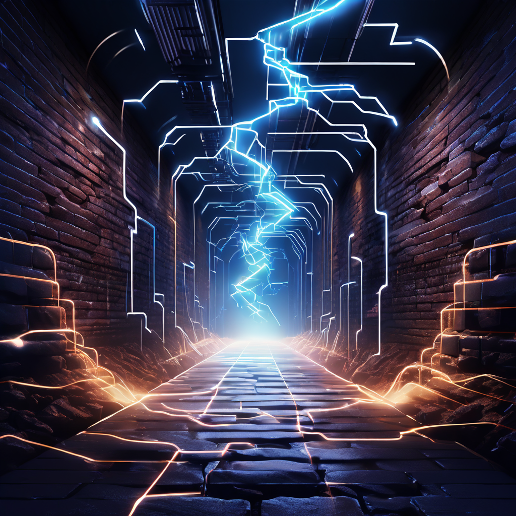 구형의 복잡한 레이어드 브릭 구조가 현대적인 단일 파이프라인으로 변환되는 디지털 터널 안에서 QUIC라 명명된 번개가 휘어져 사라지는 복잡한 핸드셰이크 다이어그램을 우회하며 빠르게 전송되는 모습을 상징적으로 표현한 이미지입니다.