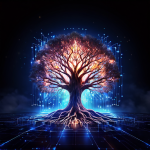 디지털 데이터 아카이브를 상징하는 빛나는 나무가 깊은 뿌리와 데이터 결정을 가진 가지를 보여주며, 방화벽과 데이터 폭풍 같은 현대적 위협으로부터 계층화된 저장소 보호막이 핵심을 지키고 있습니다.