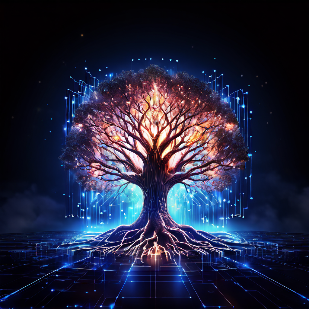 디지털 데이터 아카이브를 상징하는 빛나는 나무가 깊은 뿌리와 데이터 결정을 가진 가지를 보여주며, 방화벽과 데이터 폭풍 같은 현대적 위협으로부터 계층화된 저장소 보호막이 핵심을 지키고 있습니다.