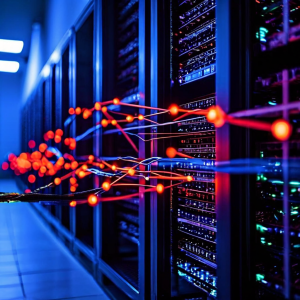 로드 밸런서가 다중 서버에 사용자 세션을 분산시키고 지속적 연결과 균형 잡힌 트래픽 흐름을 화살표로 설명하는 네트워크 부하 분산 구성도입니다.