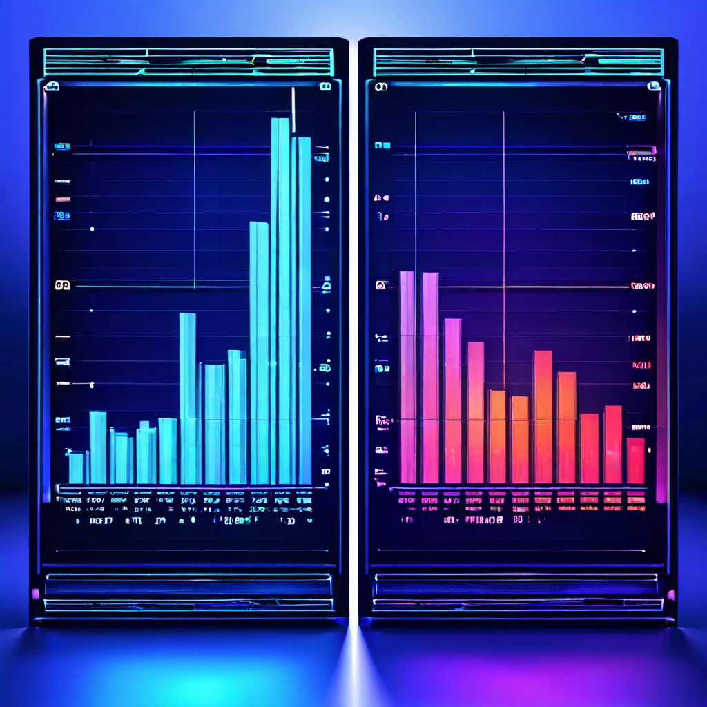 두 개의 컴퓨터 저장 장치 성능을 비교하는 그래프로, 높은 처리량은 넓은 데이터 강물로, 낮은 지연 시간은 짧고 빠른 화살표로 시각화하여 차이를 보여줍니다.