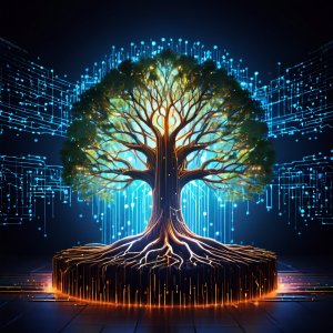 데이터 스트림으로 빛나는 나무가 과거 로그를 분석하는 뿌리와 미래 디지털 위협을 막는 보호막을 형성하는 가지를 통해 사이버 보안의 예방적 방어 개념을 시각화한 이미지입니다.