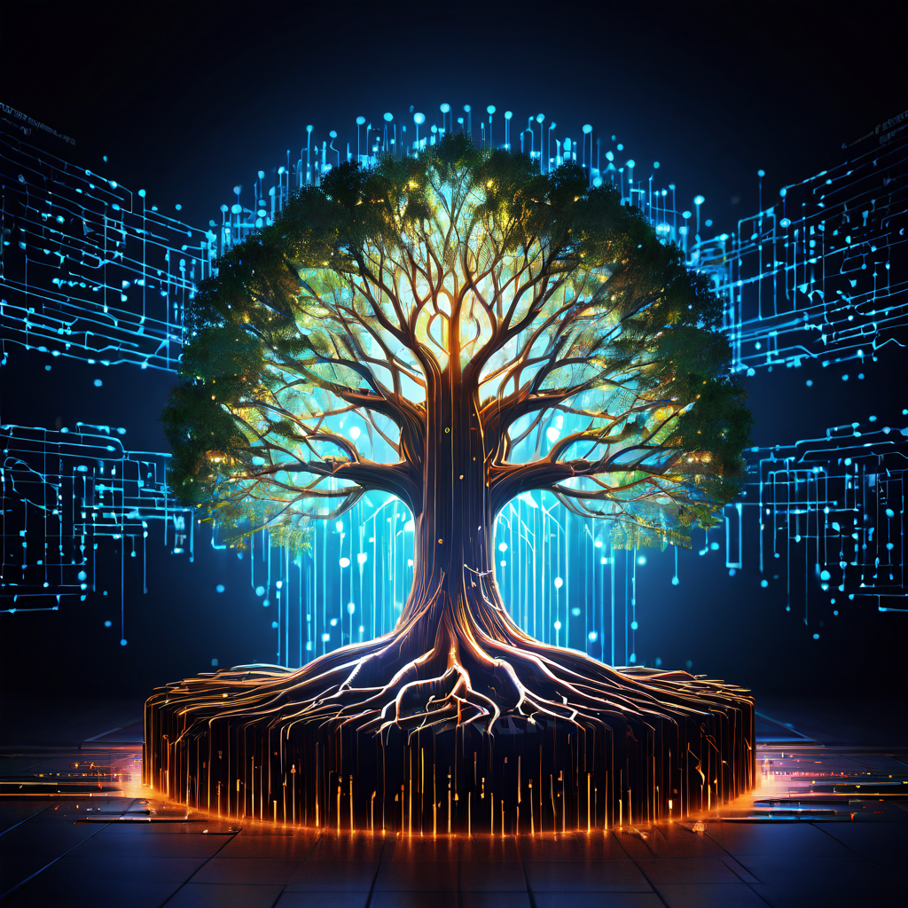데이터 스트림으로 빛나는 나무가 과거 로그를 분석하는 뿌리와 미래 디지털 위협을 막는 보호막을 형성하는 가지를 통해 사이버 보안의 예방적 방어 개념을 시각화한 이미지입니다.