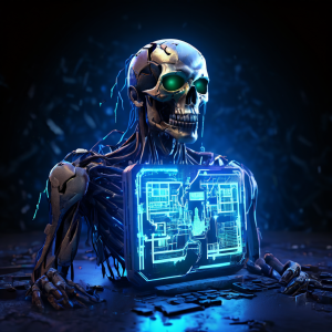 컴퓨터 시스템에서 리소스를 점유한 채 종료되지 못한 좀비 프로세스가 메모리와 CPU 자원의 파편을 떠올리게 하는 빛나는 데이터 조각을 붙잡고 있는 디지털 아이콘을 묘사한 일러스트입니다.