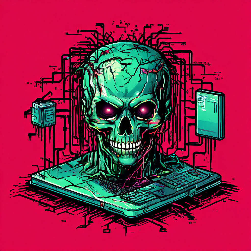 컴퓨터 시스템에서 종료되지 못하고 리소스를 소모하는 좀비 프로세스를, 망가진 프로그램 아이콘이 플로우차트에 갇힌 디지털 형태로 시각화하여 표현한 개념도입니다.