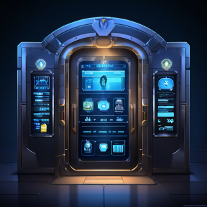 디지털 금고의 각 문은 '관리자'나 '열람자'와 같은 역할 배지를 부착한 직원 아바타만 접근할 수 있도록 설정되어 내부 데이터를 안전하게 보호하는 시스템을 시각화한 이미지입니다.