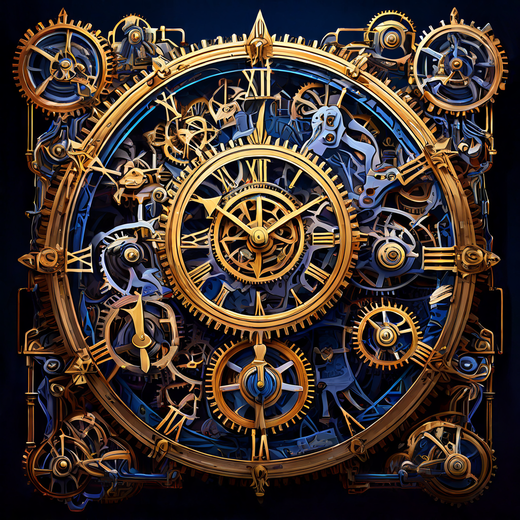 중앙 시계의 시간이 전체 시스템을 동기화하는 복잡한 기어와 시계들로 구성된 분산형 메커니즘 네트워크를 상세히 묘사한 이미지입니다.