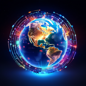 데이터 패킷이 빛의 흐름으로 표현된 디지털 지구에서 일부는 차단되거나 지연되지만, 다양한 색상의 경로가 분기되어 원활한 글로벌 콘텐츠 전송을 보장하는 네트워크 최적화 개념을 시각화한 이미지입니다.