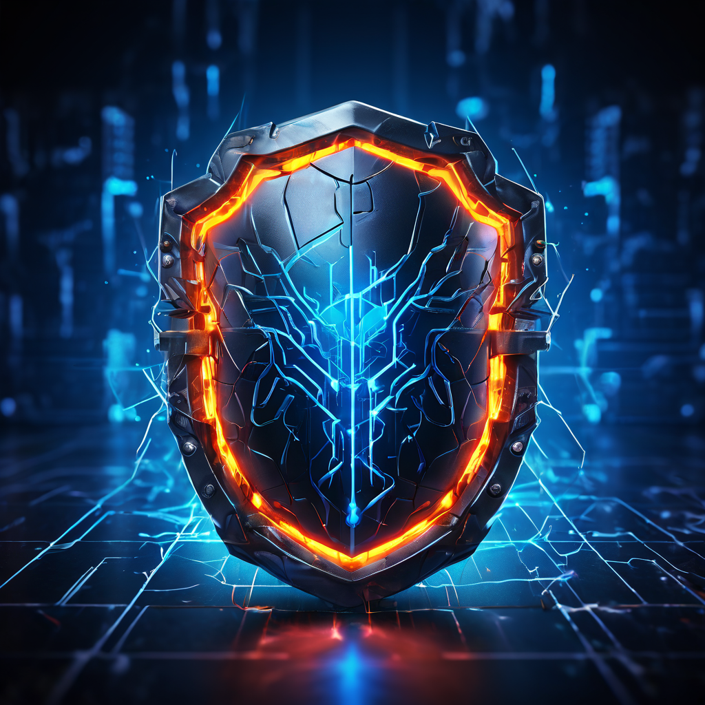 네트워크 영역을 보호하는 디지털 방패에 균열이 생기고, 방치된 레지스트리 데이터베이스가 위험하게 빛나며 보안 위협을 암시하는 개념 이미지입니다.