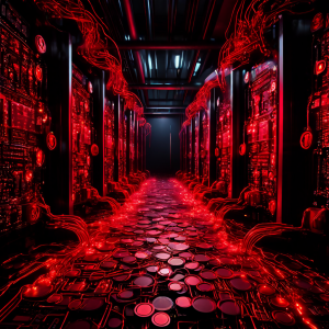 과열된 슈퍼컴퓨터 회로에서 흐르던 디지털 코인의 강이 말라가며 갈라지는 모습으로, 고성능 연산과 암호화폐 시장의 침체를 상징적으로 표현한 이미지입니다.