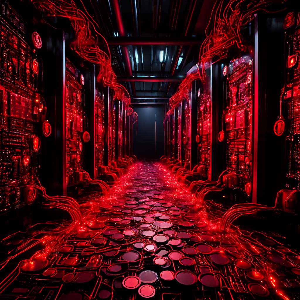 과열된 슈퍼컴퓨터 회로에서 흐르던 디지털 코인의 강이 말라가며 갈라지는 모습으로, 고성능 연산과 암호화폐 시장의 침체를 상징적으로 표현한 이미지입니다.