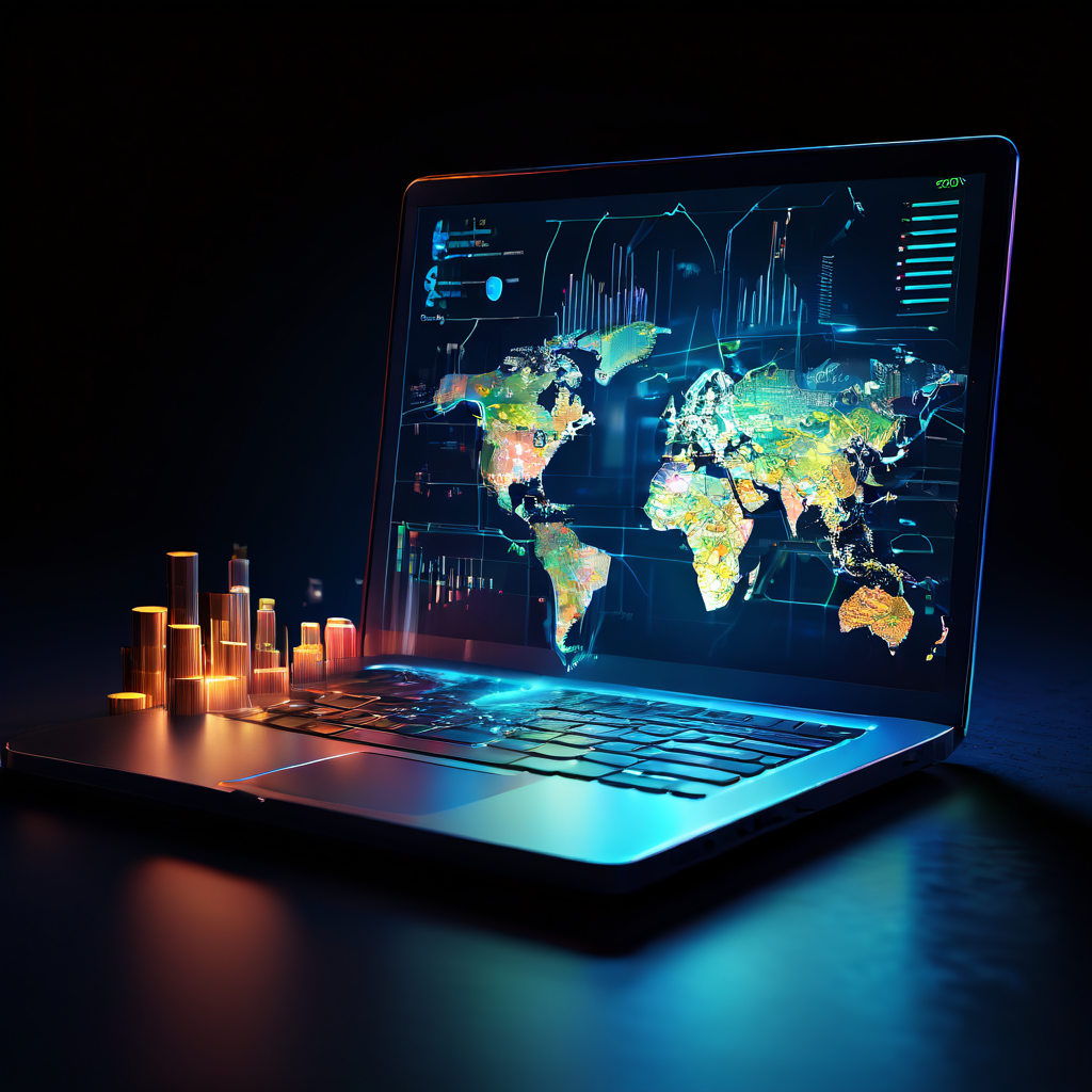 낮은 사양의 컴퓨터에서 코인이 유입되면서 글로벌 사용자 기반을 뚫고 상승하는 그래프 화살표가 보여주는 암호화폐 채굴과 수익 창출의 개념을 설명하는 이미지입니다.