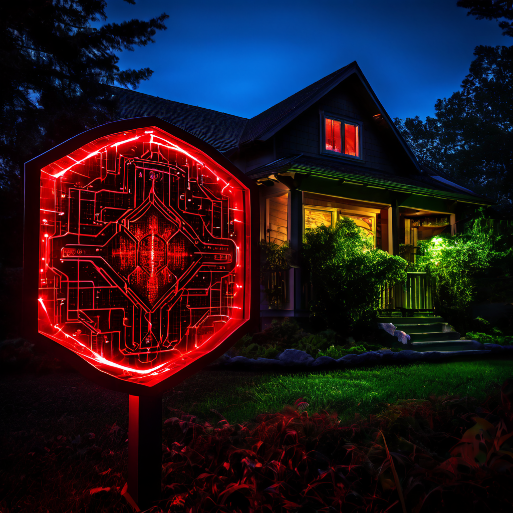 디지털 보안 시스템이 집을 감싼 빛나는 보호막을 형성하며, 침입을 시도하는 붉은 패턴을 탐지하고 분석하는 녹색의 안전 네트워크를 보여주는 개념 이미지입니다.