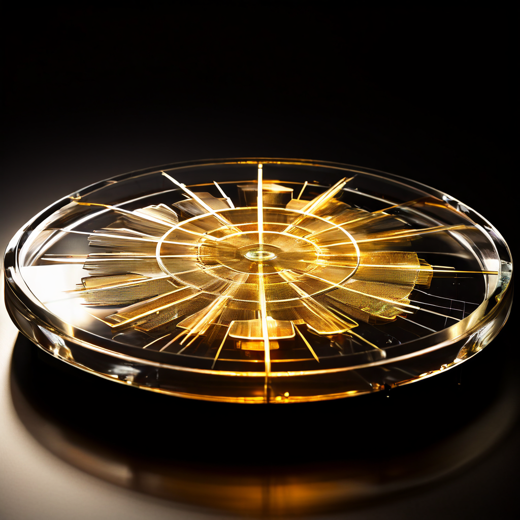 동등한 협업과 균형 잡힌 파트너십을 상징하는 황금색 비율의 원형 차트가 어두운 사무실 책상 위에서 빛을 발산하며, 중앙에는 성공적인 비즈니스 계약을 의미하는 악수 심볼이 새겨져 있습니다.