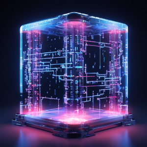 블록체인 기술의 핵심인 투명하고 변조 불가능한 디지털 원장이 데이터 블록을 지속적으로 검증하여 영구적으로 기록하는 보안 시스템을 상징적으로 표현한 이미지입니다.