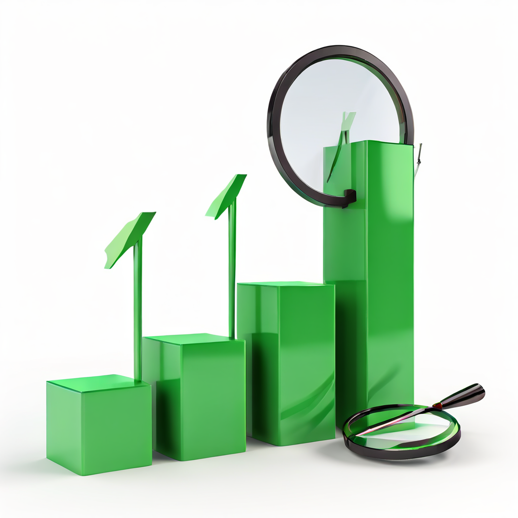 SEO 최적화 요소들의 긍정적 성장을 한눈에 보여주는 3D 막대 그래프로, 각 요소별 상승률이 퍼센트와 화살표로 표시되어 있으며 확대경이 데이터를 상세히 분석하는 모습을 묘사하고 있습니다.