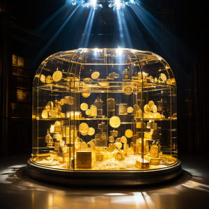 투명한 유리 금고에 담긴 금화와 문서, 그리고 빛으로 빛나는 불가침의 자물쇠 위로 형성된 빛의 악수가 절대적인 재정 투명성 위에 구축된 신뢰를 상징적으로 표현합니다.