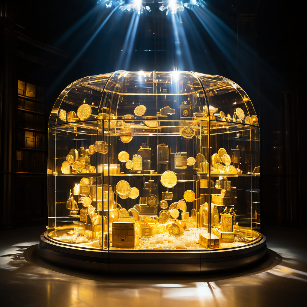 투명한 유리 금고에 담긴 금화와 문서, 그리고 빛으로 빛나는 불가침의 자물쇠 위로 형성된 빛의 악수가 절대적인 재정 투명성 위에 구축된 신뢰를 상징적으로 표현합니다.