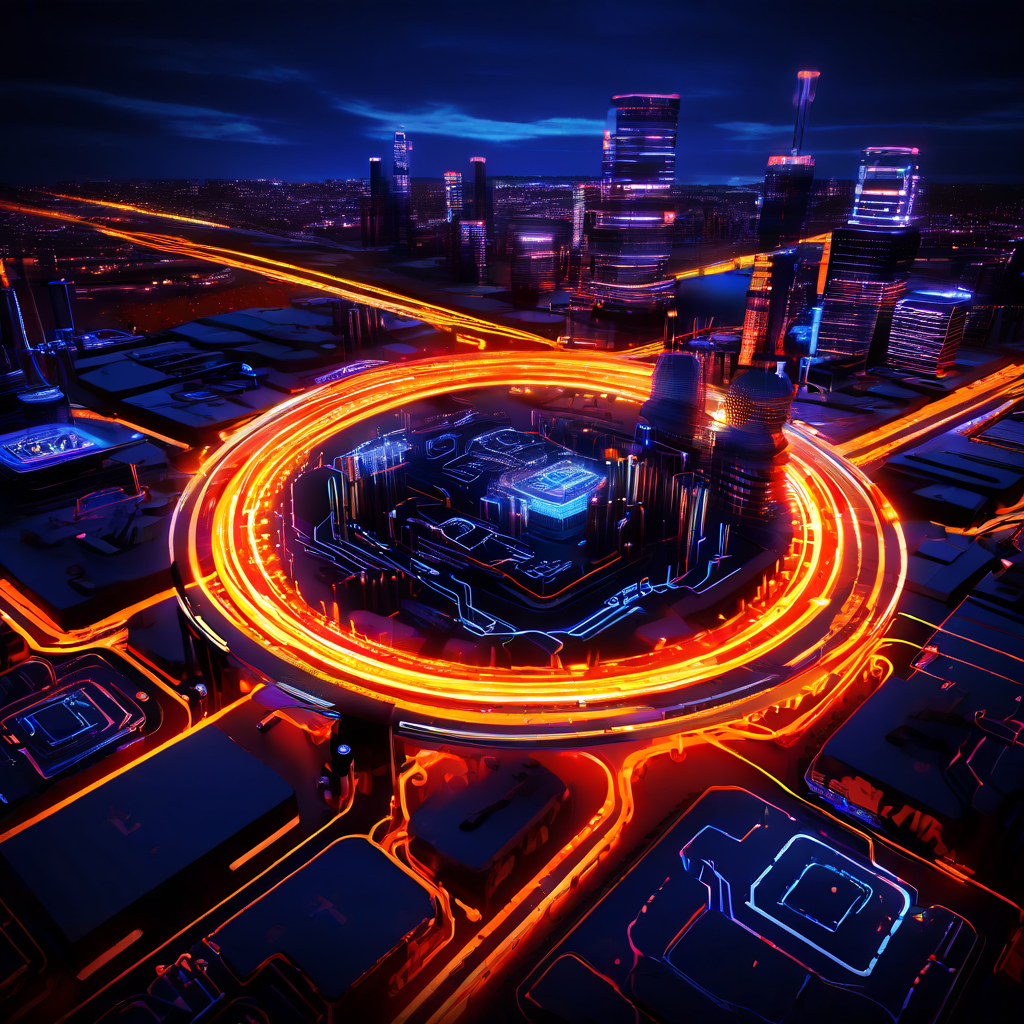 데이터 스트림으로 이루어진 맞물린 기어들이 빛나는 엔진 코어를 형성하며, 야간의 생동감 있는 도시 지도 위 스마트 차량 네트워크를 연결하는 핵심 기술을 상징적으로 보여주는 이미지입니다.