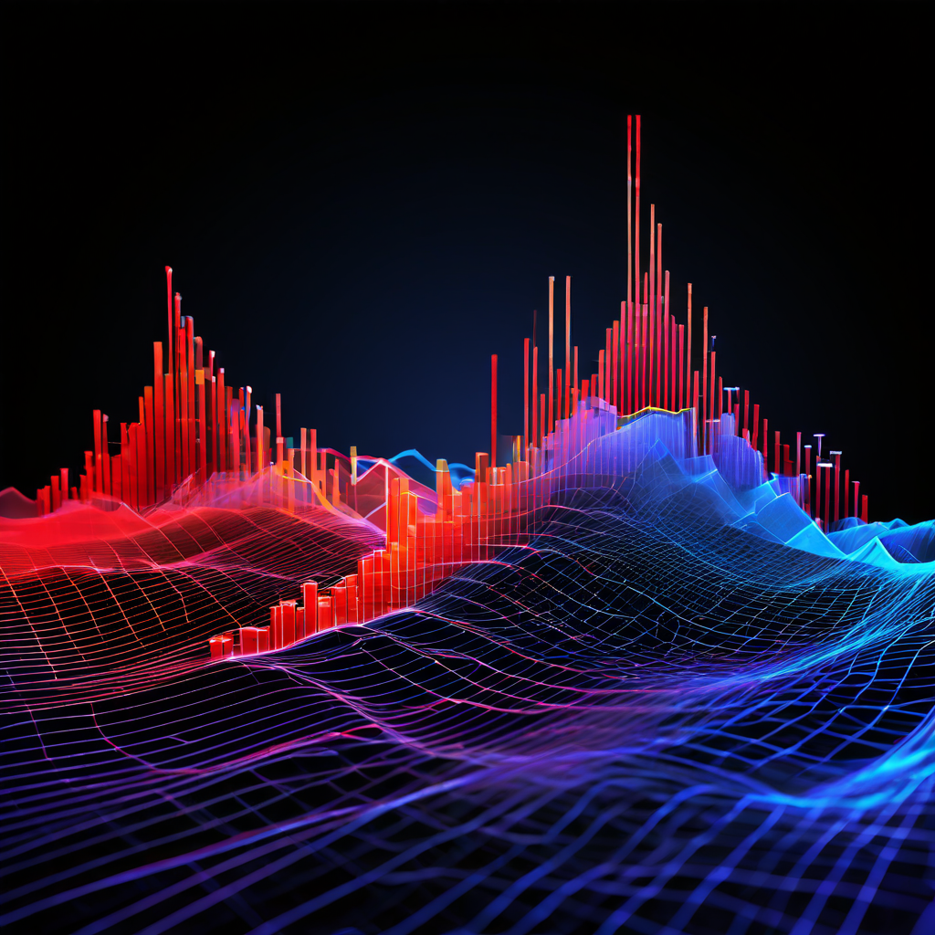 RTP 데이터 분석 결과가 변동성 파동에 따라 분열되는 과정을 3차원 그래프로 시각화하고 배경에는 깨진 수학 방정식이 흩어져 있는 개념도입니다.