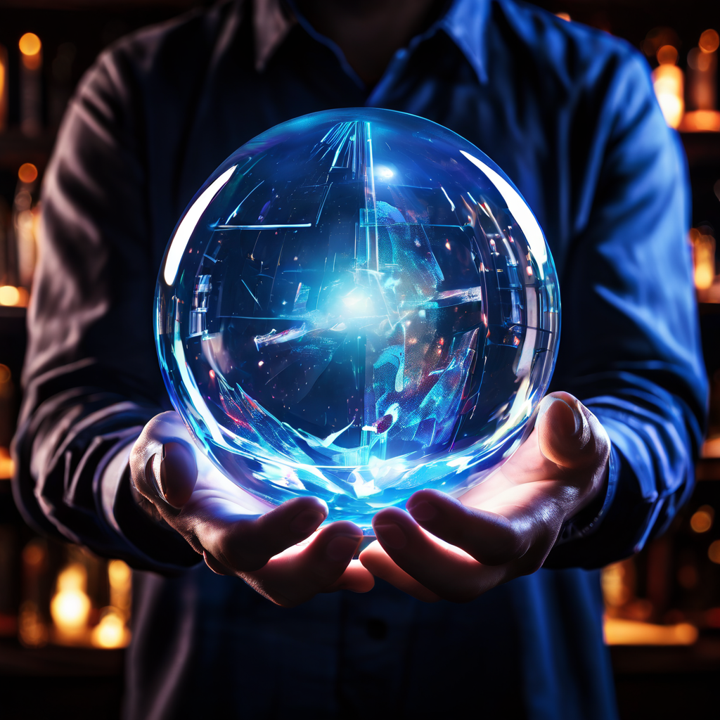 마케팅 애널리스트가 미래 예측을 상징하는 빛나는 수정구를 들고 있으며, 그 안에는 혼란스러운 비디오 게임 장면이 담겨 있고 자신감 있는 표정과 대비되는 균열된 반사상이 포착된 이미지입니다.