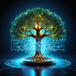 법률적 판결을 상징하는 소망이 디지털 알고리즘 트리로 진화하며, 회사의 빛나는 평판 방패와 뿌리를 얽히고 빠르게 진행되는 타임라인 위에서 가속화되는 모습을 담은 이미지입니다.