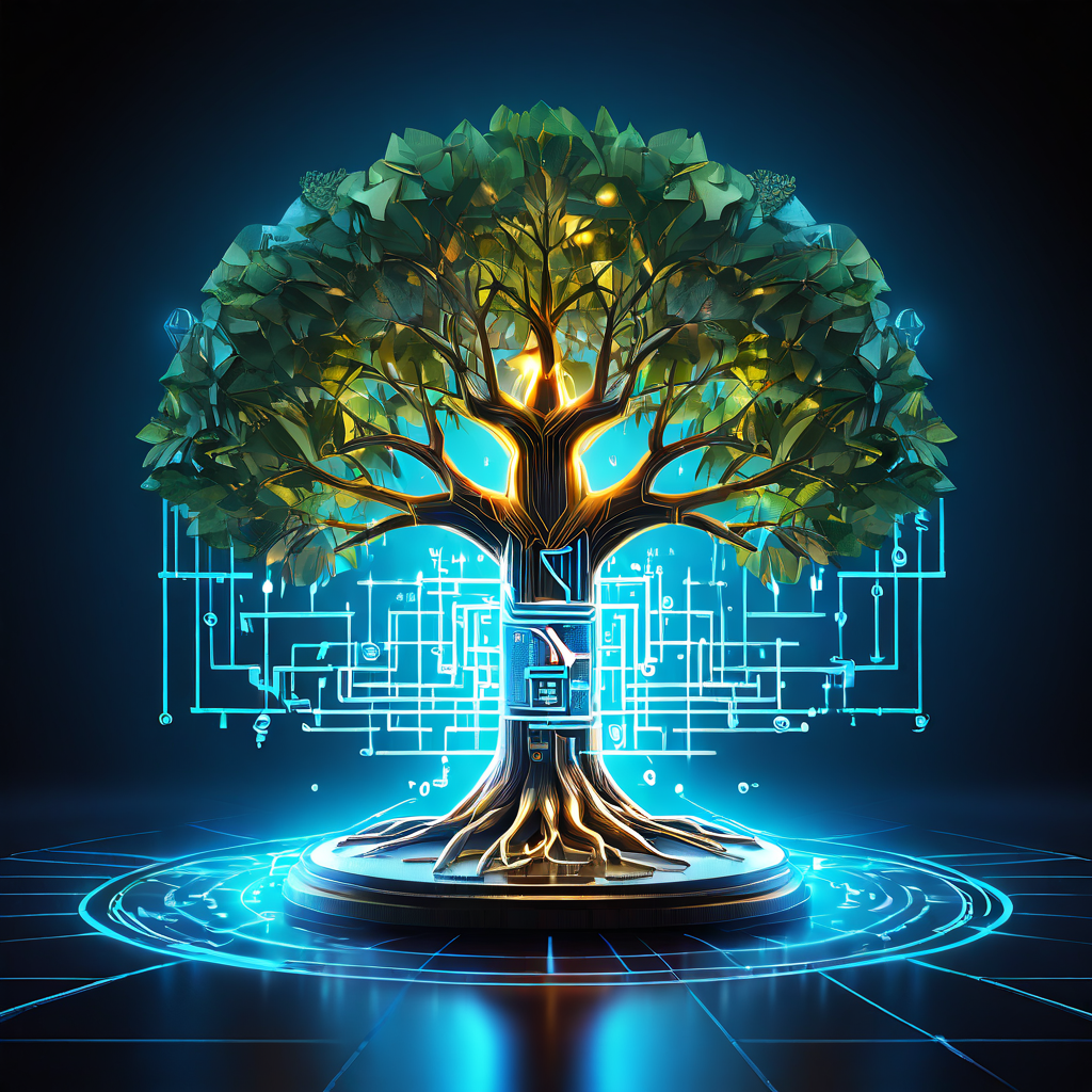 법률적 판결을 상징하는 소망이 디지털 알고리즘 트리로 진화하며, 회사의 빛나는 평판 방패와 뿌리를 얽히고 빠르게 진행되는 타임라인 위에서 가속화되는 모습을 담은 이미지입니다.