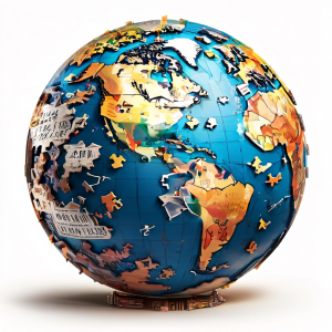 세계 지도가 언어 장벽으로 갈라져 있으며 서로 다른 문자로 표기된 퍼즐 조각들이 균열을 가로질러 연결되기 위해 애쓰는 모습을 상징적으로 표현한 이미지입니다.