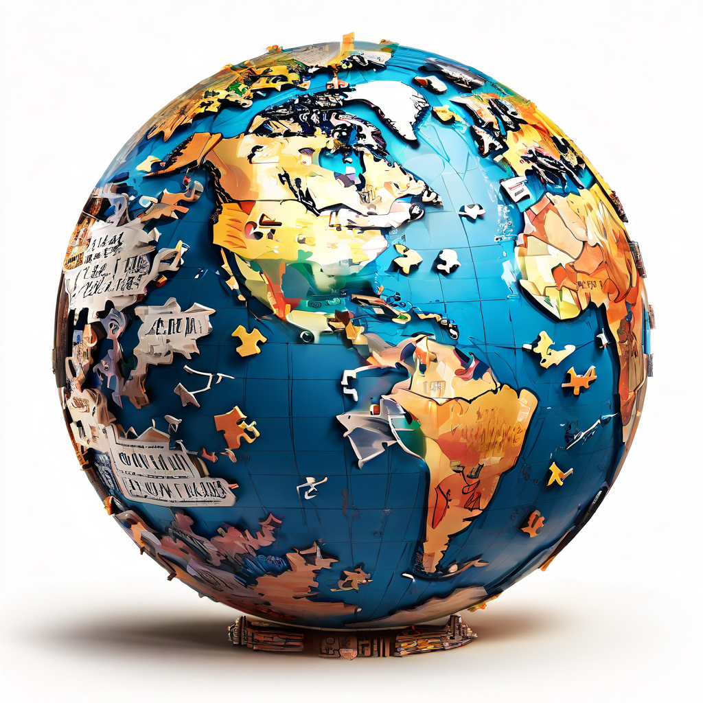 세계 지도가 언어 장벽으로 갈라져 있으며 서로 다른 문자로 표기된 퍼즐 조각들이 균열을 가로질러 연결되기 위해 애쓰는 모습을 상징적으로 표현한 이미지입니다.