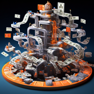 복잡한 3D 플로우차트가 대규모 잭팰 금융 충격파가 시스템을 통해 전파되며 연쇄적인 구조적 영향을 미치는 과정을 분석하는 모습을 보여줍니다.