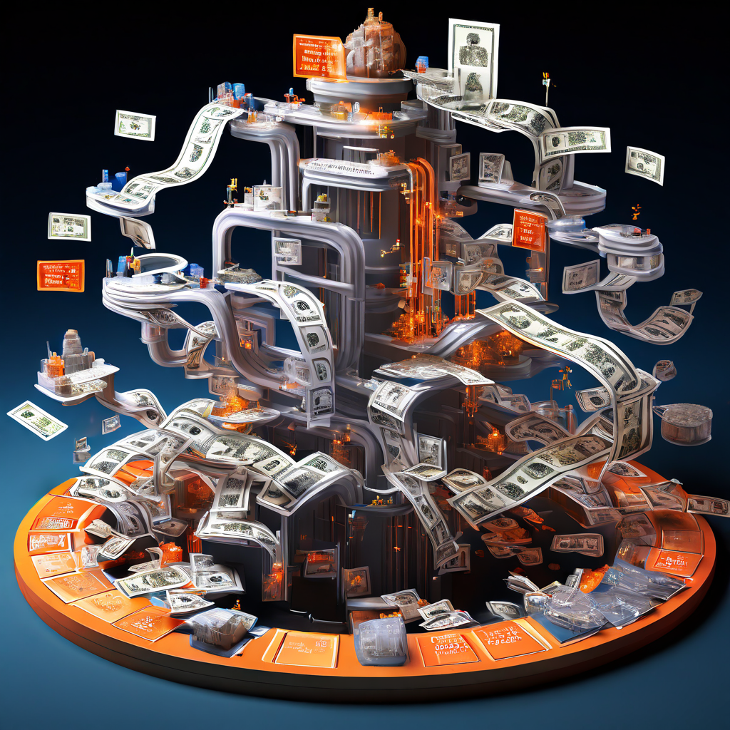 복잡한 3D 플로우차트가 대규모 잭팰 금융 충격파가 시스템을 통해 전파되며 연쇄적인 구조적 영향을 미치는 과정을 분석하는 모습을 보여줍니다.