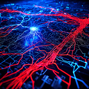 정상적인 파란색 데이터 흐름 경로에서 벗어난 톱니 모양의 붉은 데이터 스트림이 무단 내부 데이터 유출 또는 보안 위반을 시각적으로 표현한 네트워크 맵 이미지입니다.