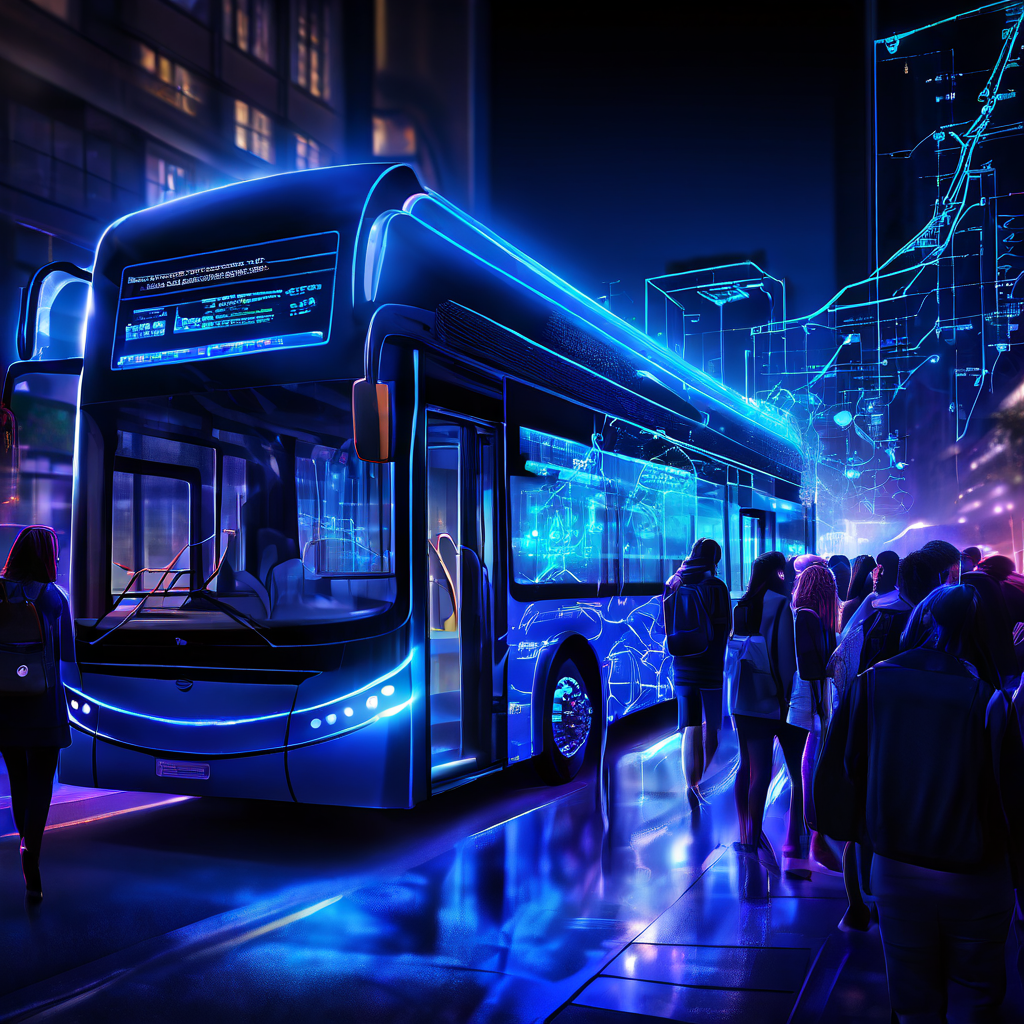 모든 사람이 편리하게 이용할 수 있는 현대적인 저상버스에 다양한 배경을 가진 시민들이 자신감 있게 탑승하는 모습을, 동등한 접근성과 효율적인 대중교통 경로를 시각화한 빛나는 데이터 스트림과 예측 차트가 흐르며 표현한 이미지입니다.