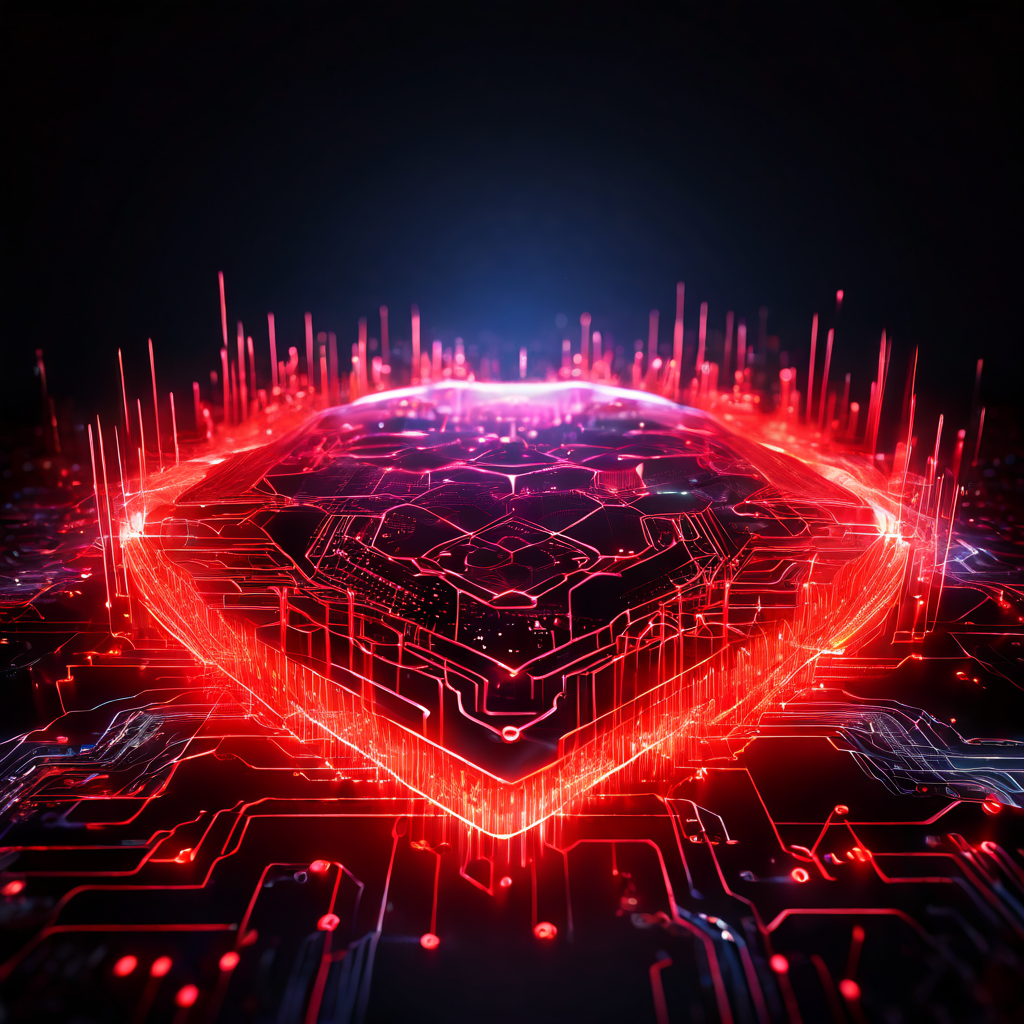 복잡한 디지털 보안 방어 체계를 상징하는 여러 겹의 빛나는 보호막이 적색 공격 데이터의 파동을 능동적으로 차단하고 있는 모습을 묘사한 이미지입니다.