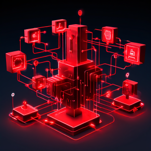 데이터 패킷이 노드를 통해 이동하는 3D 플로우차트로, 끝부분의 실시간 영상 통화 아이콘에서 지연과 장애를 나타내는 두꺼운 빨간 화살표가 표시되어 있습니다.