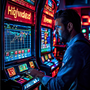 고배당률 슬롯머신에서 뻗어 나오는 빛나는 화살표가 재무 차트를 들고 우려에 찬 표정의 카지노 운영자를 가리키며 높은 배당금 지급이 운영자에게 재정적 부담을 줄 수 있음을 상징적으로 보여주는 이미지입니다.