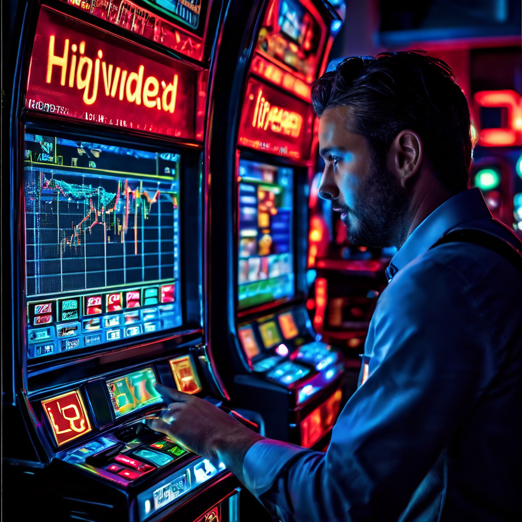 고배당률 슬롯머신에서 뻗어 나오는 빛나는 화살표가 재무 차트를 들고 우려에 찬 표정의 카지노 운영자를 가리키며 높은 배당금 지급이 운영자에게 재정적 부담을 줄 수 있음을 상징적으로 보여주는 이미지입니다.