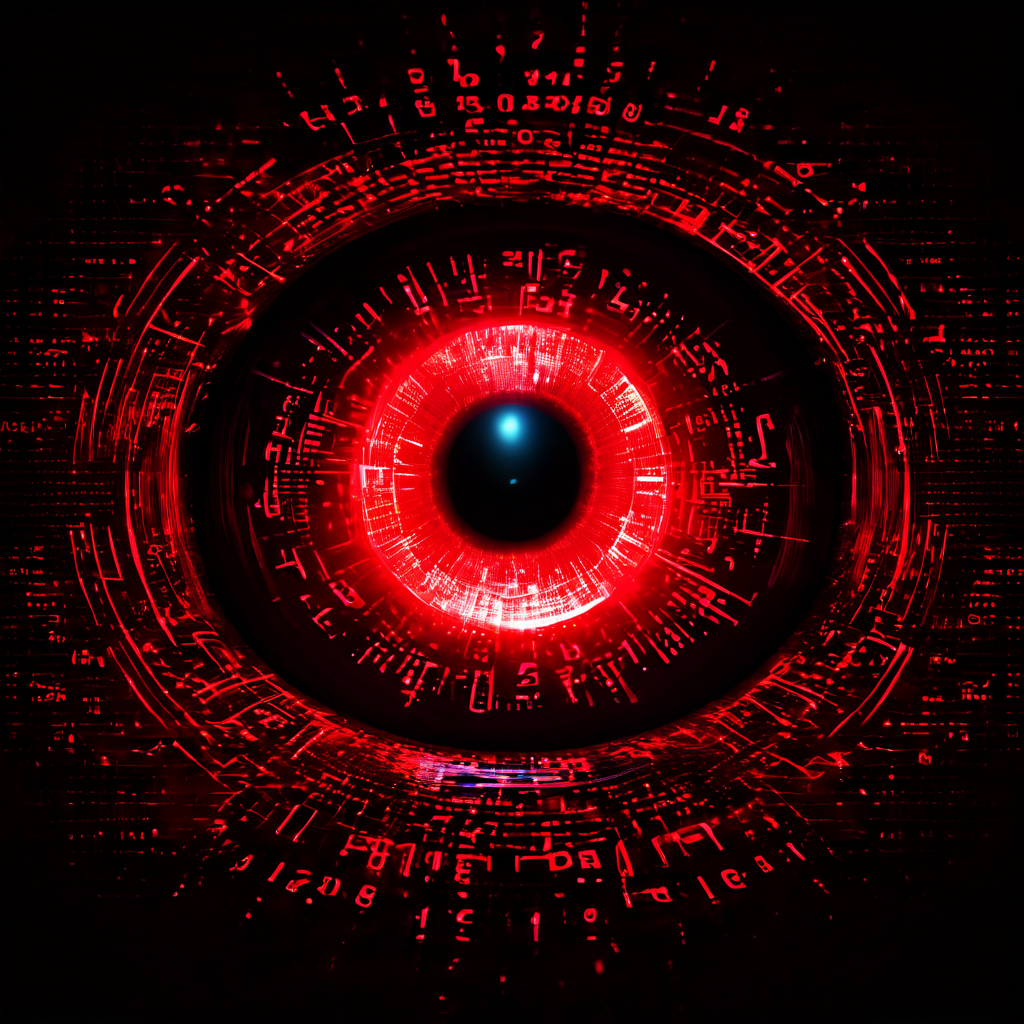 디지털 보안 위협을 상징하는 빛나는 전자 눈이 흐르는 이진 코드 데이터를 검사하며, 데이터 흐름 속에서 위험을 경고하는 붉은 경고 표시들이 나타나는 모습