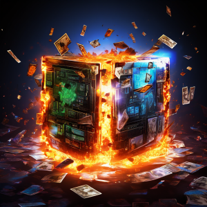 비디오 게임 경제를 붕괴시키는 치명적인 버그가 양방향 거래 데이터를 오염시키며 디지털 세계가 균열되고 파괴되는 혼란스러운 상황을 상징적으로 묘사한 이미지입니다.