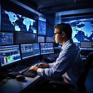 파이프라인 이상 배출 경보가 발생한 상황에서 제어실 운영자가 여러 대의 화면을 통해 데이터를 신속하게 분석하며 상황을 모니터링하고 있습니다.