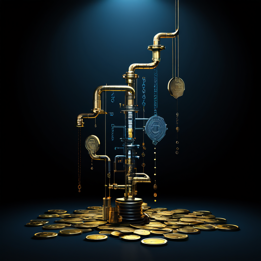 재무 파이프라인에 숨겨진 작은 균열이 발생하여 비용이 표시된 동전들이 어둠 속으로 유출되는 재무적 취약성과 자금 손실의 개념을 보여주는 다이어그램입니다.