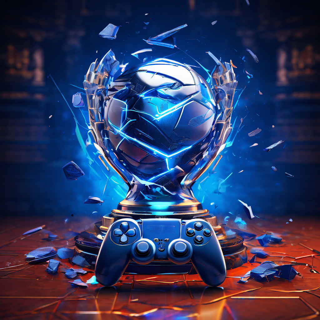 전통적인 스포츠 트로피가 깨지며 그 균열 사이로 e스포츠를 상징하는 게임 컨트롤러와 데이터 스트림이 새어 나오는 모습은 스포츠 문화의 디지털 전환과 진화를 상징적으로 보여줍니다.