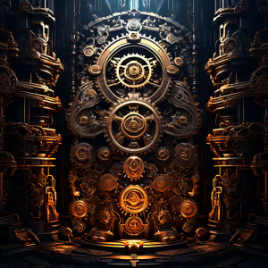 게임 세계 속에서 빛나는 복잡한 경제 시스템을 보호하는 핵심 장치로, 톱니바퀴와 동전으로 이루어진 거대하고 정교한 벽을 묘사한 이미지입니다.