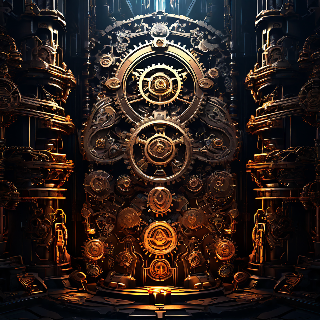 게임 세계 속에서 빛나는 복잡한 경제 시스템을 보호하는 핵심 장치로, 톱니바퀴와 동전으로 이루어진 거대하고 정교한 벽을 묘사한 이미지입니다.