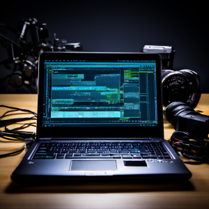 A photo of a hand reaching toward a laptop on a desk, with a coffee mug nearby, a blurred clock on the wall, and a second device o